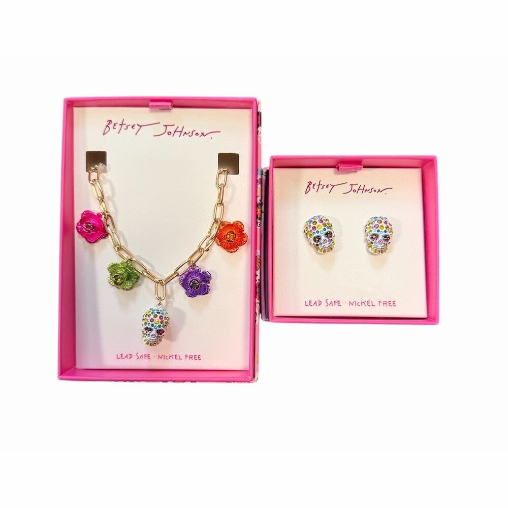 Betsey Johnson Sugar Skull Necklace & Stud Earrings Set Gold Multicolor